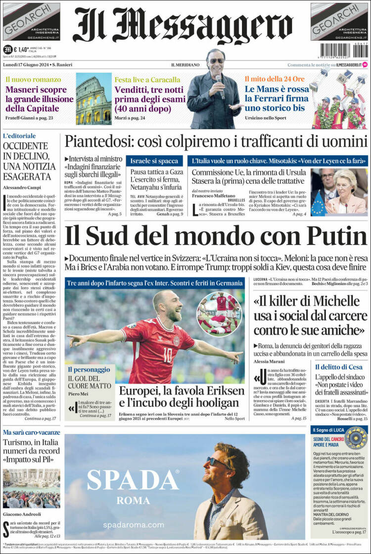 Portada de Il Messaggero (Italia)