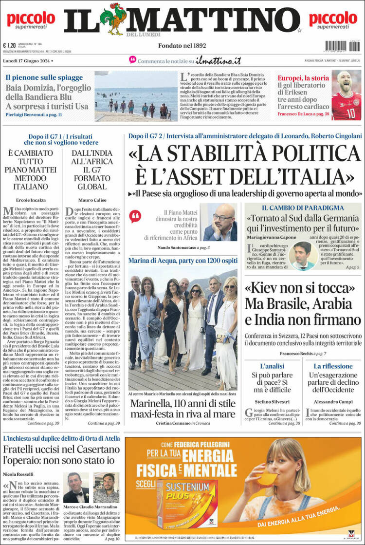 Portada de Il Mattino (Italia)