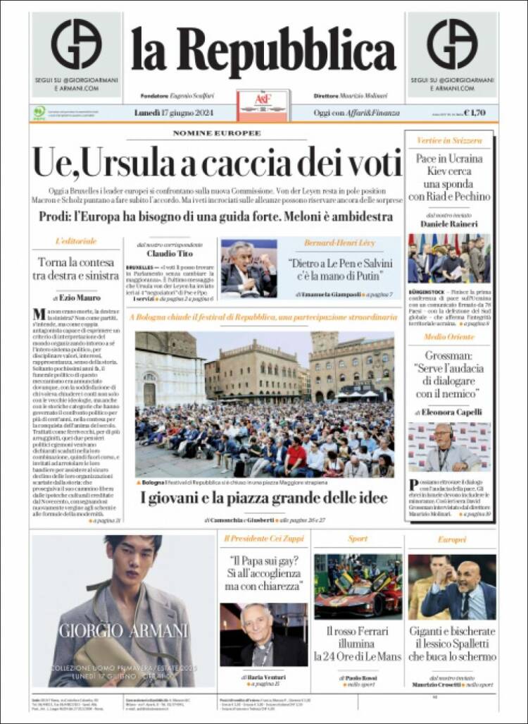 Portada de La Repubblica (Italia)