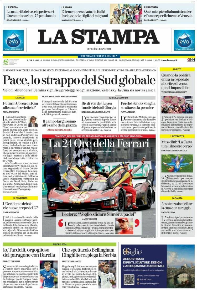 Portada de La Stampa (Italia)