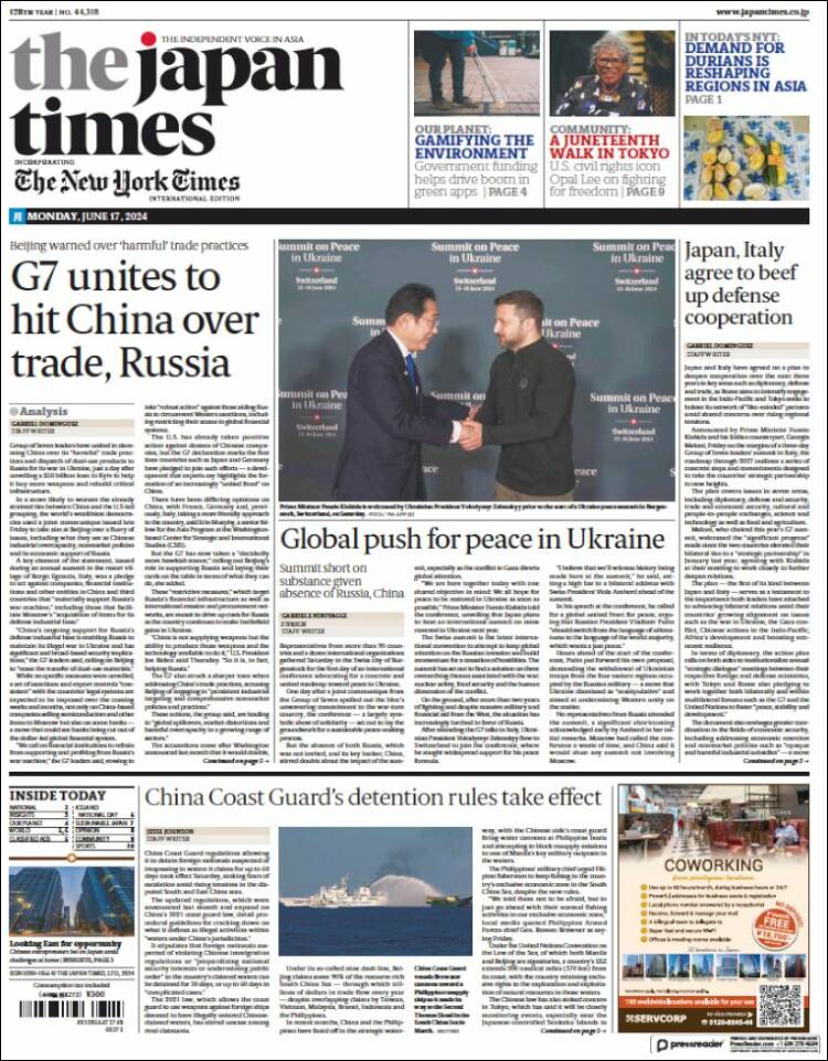 Portada de The Japan Times (Jap&oacute;n)