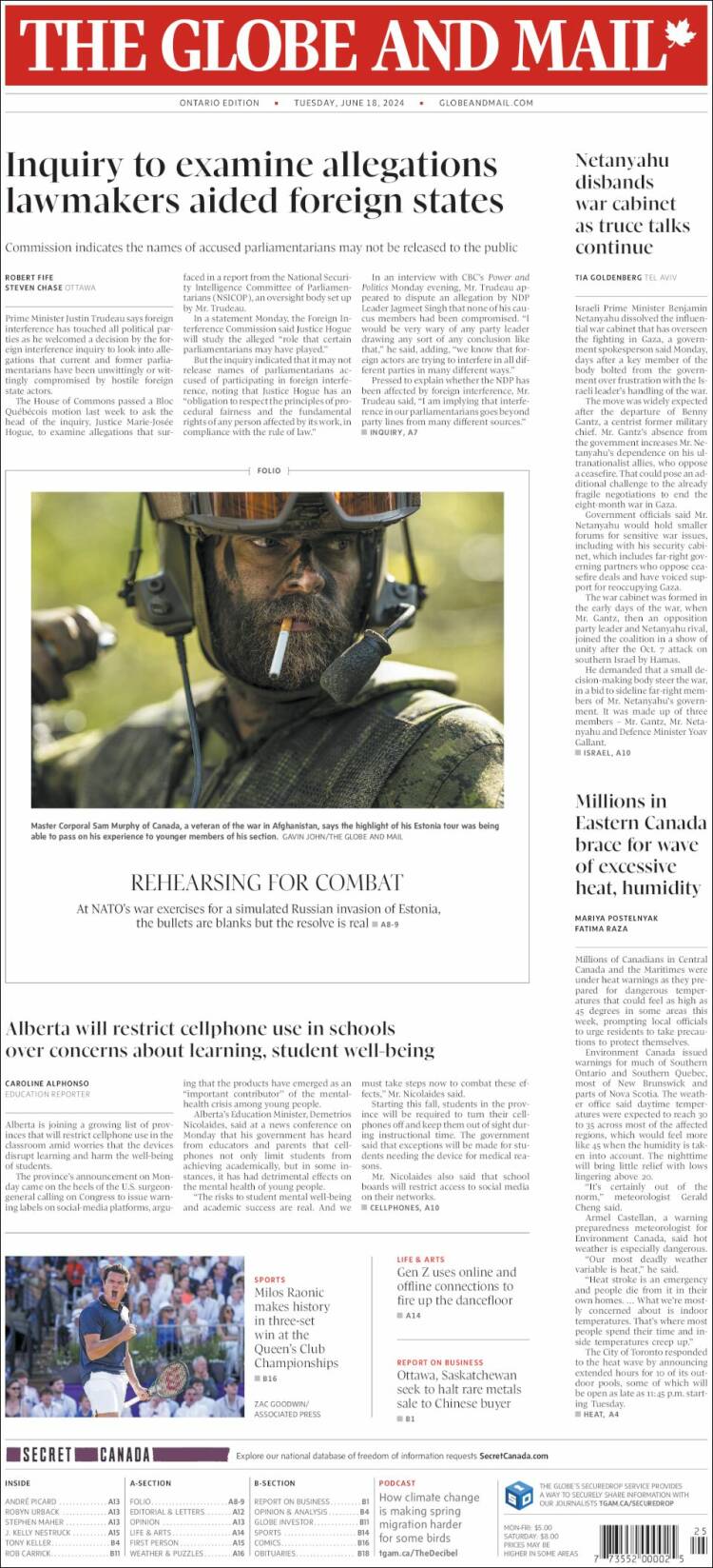 Portada de The Globe and Mail (Canad&aacute;)