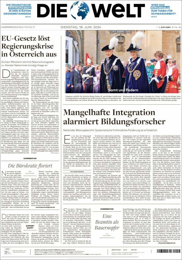 Portada de Die Welt (Alemania)