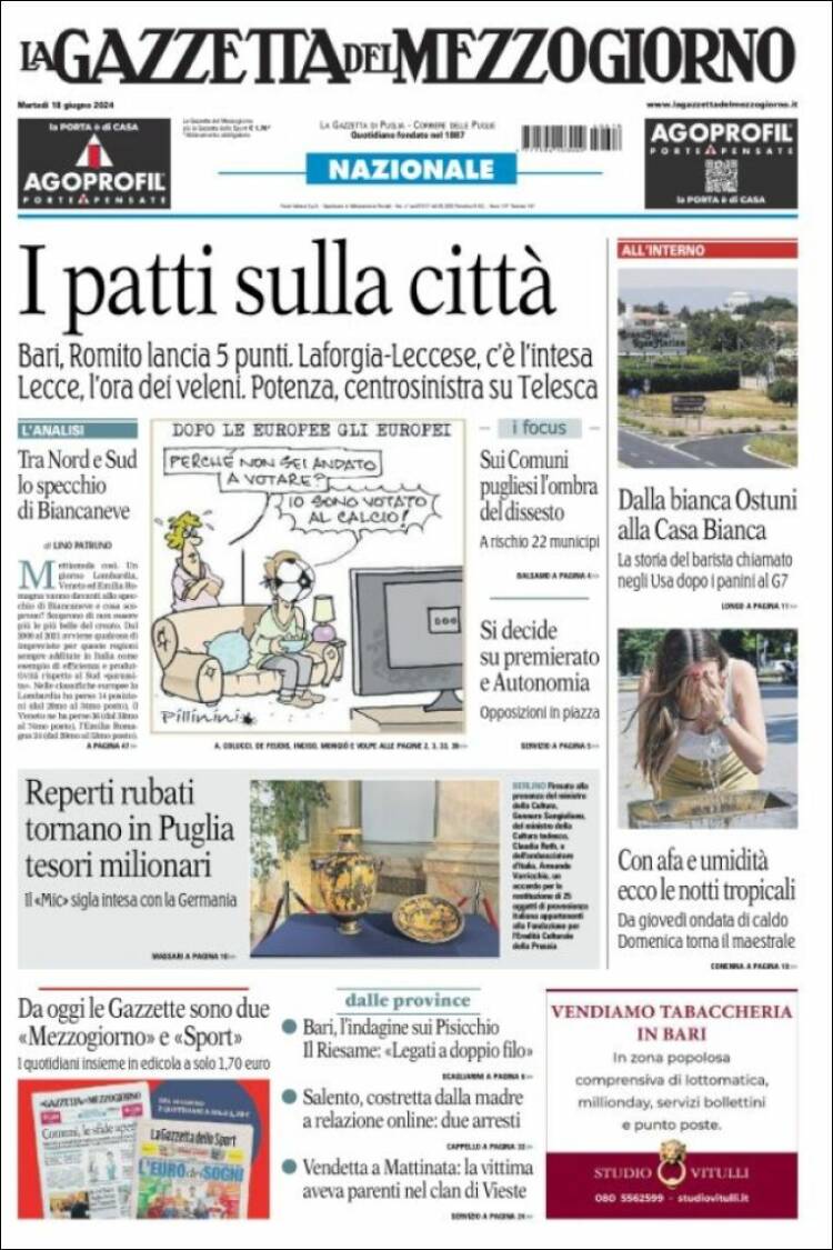 Portada de La Gazzetta del Mezzogiorno (Italia)