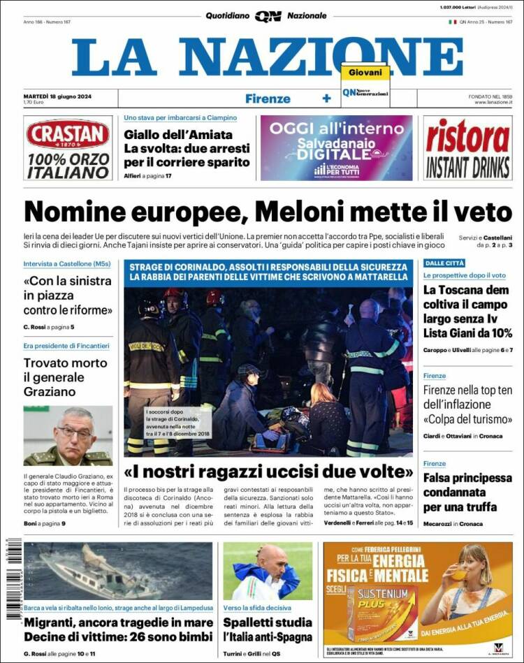 Portada de La Nazione (Italia)