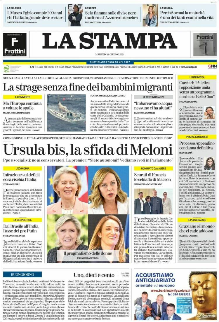 Portada de La Stampa (Italia)