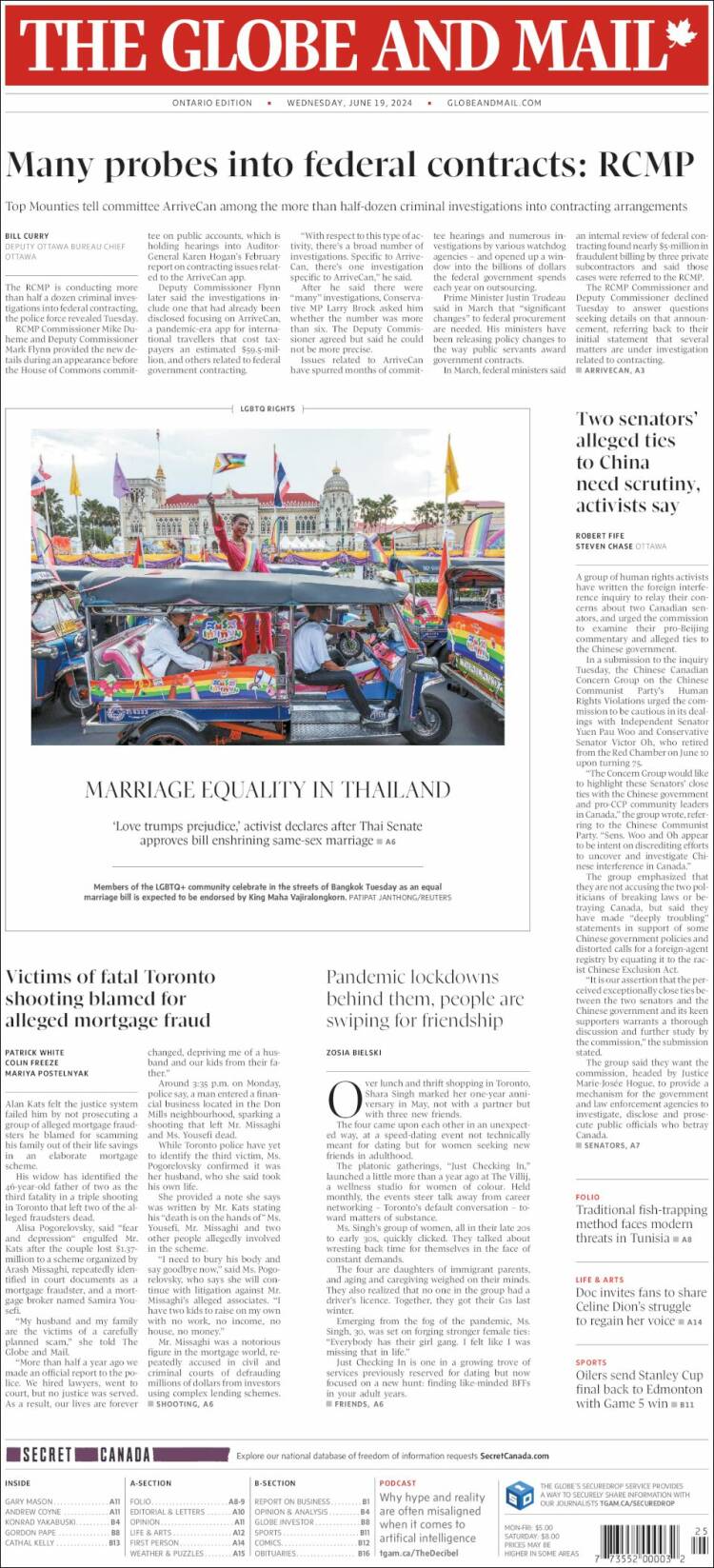 Portada de The Globe and Mail (Canadá)