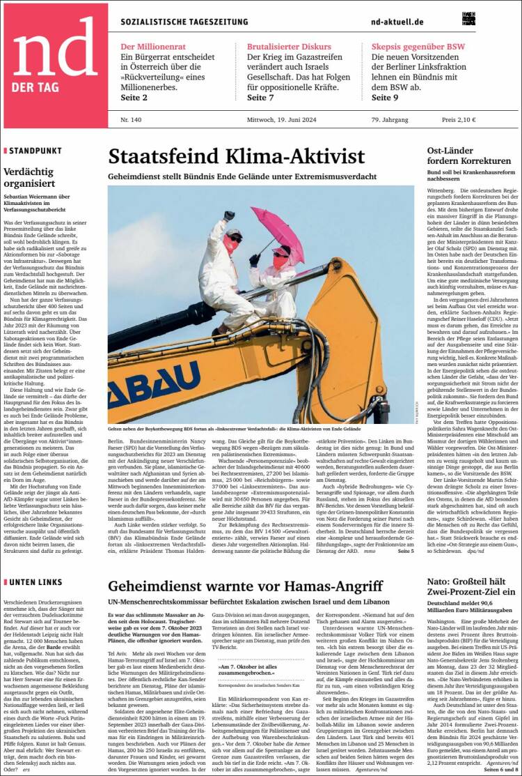 Portada de Neues Deutschland (Alemania)