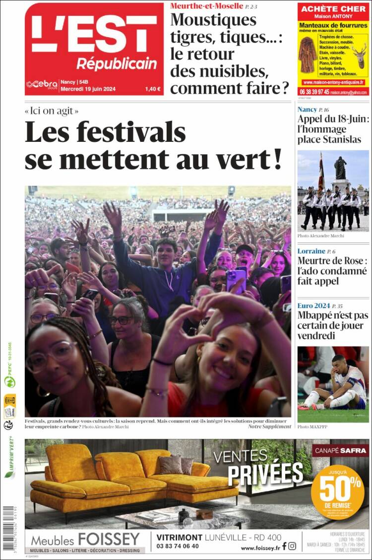 Portada de L'Est Republicain (Francia)