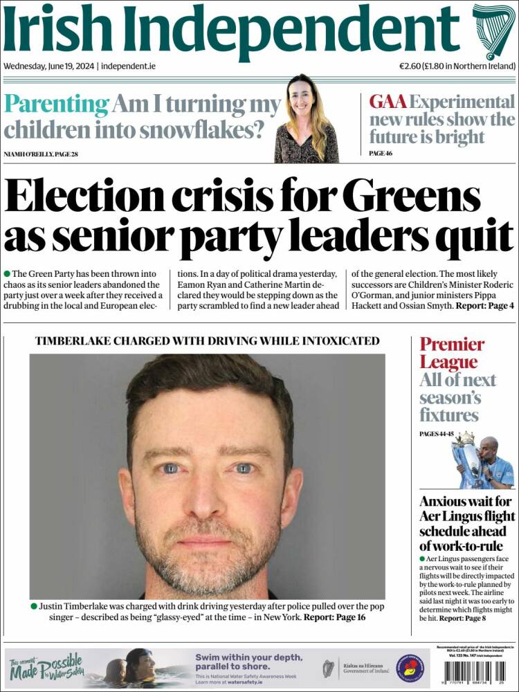 Portada de Irish Independent (Irlanda)