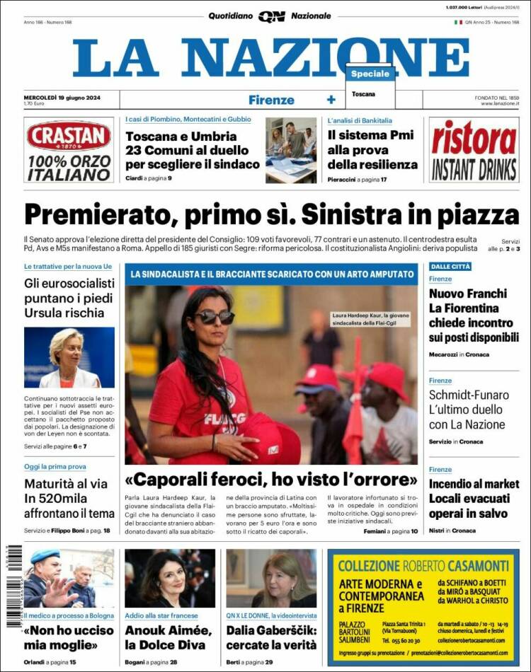 Portada de La Nazione (Italia)