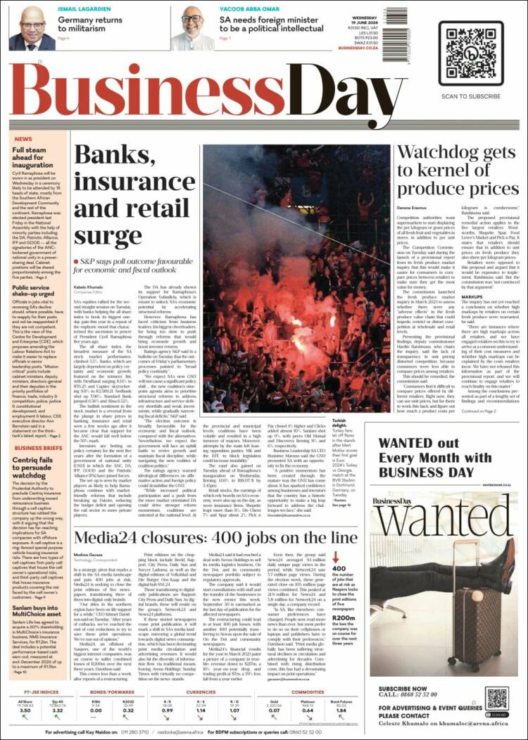 Portada de Business Day (Sud&aacute;frica)