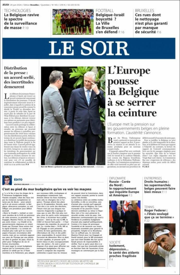 Portada de Le Soir (B&eacute;lgica)