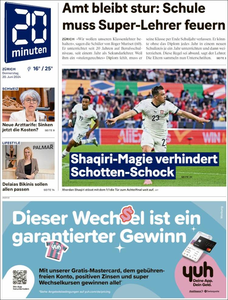 Portada de 20Minuten - Zürich (Suiza)