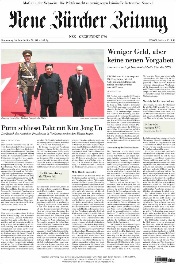 Portada de Neue Zürcher Zeitung (Suiza)