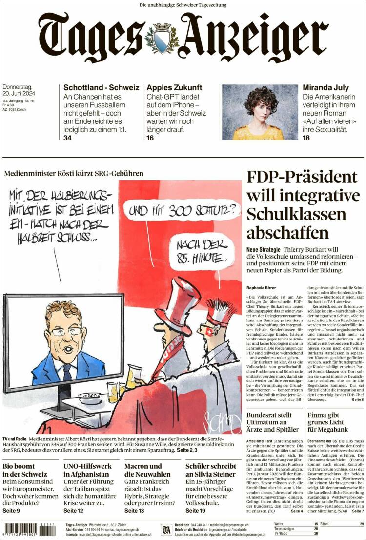 Portada de Tages-Anzeiger (Suiza)