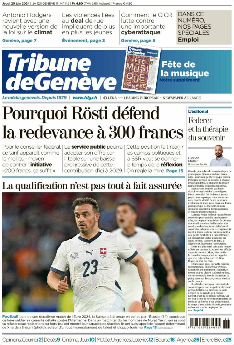 Portada de La Tribune de Genève (Suiza)