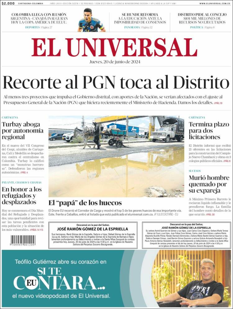 Portada de El Universal (Colombia)