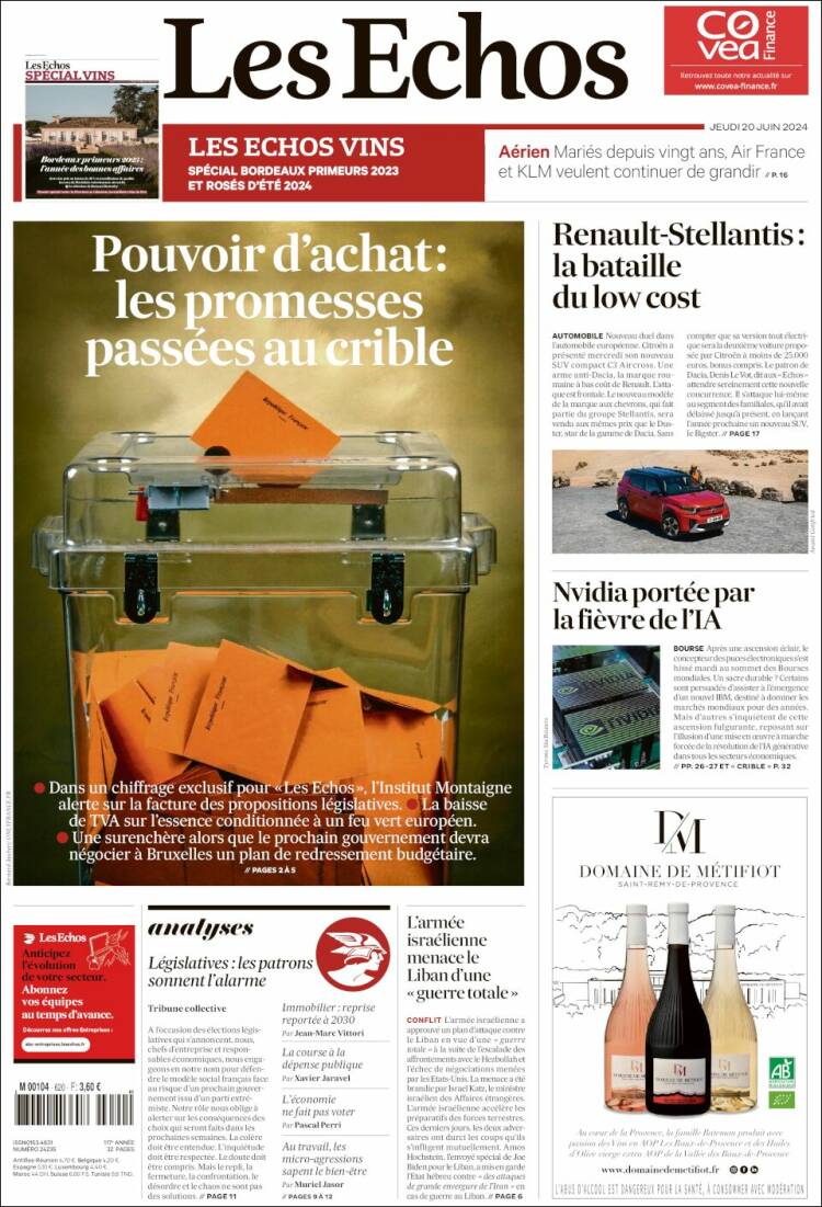 Portada de Les Echos (Francia)