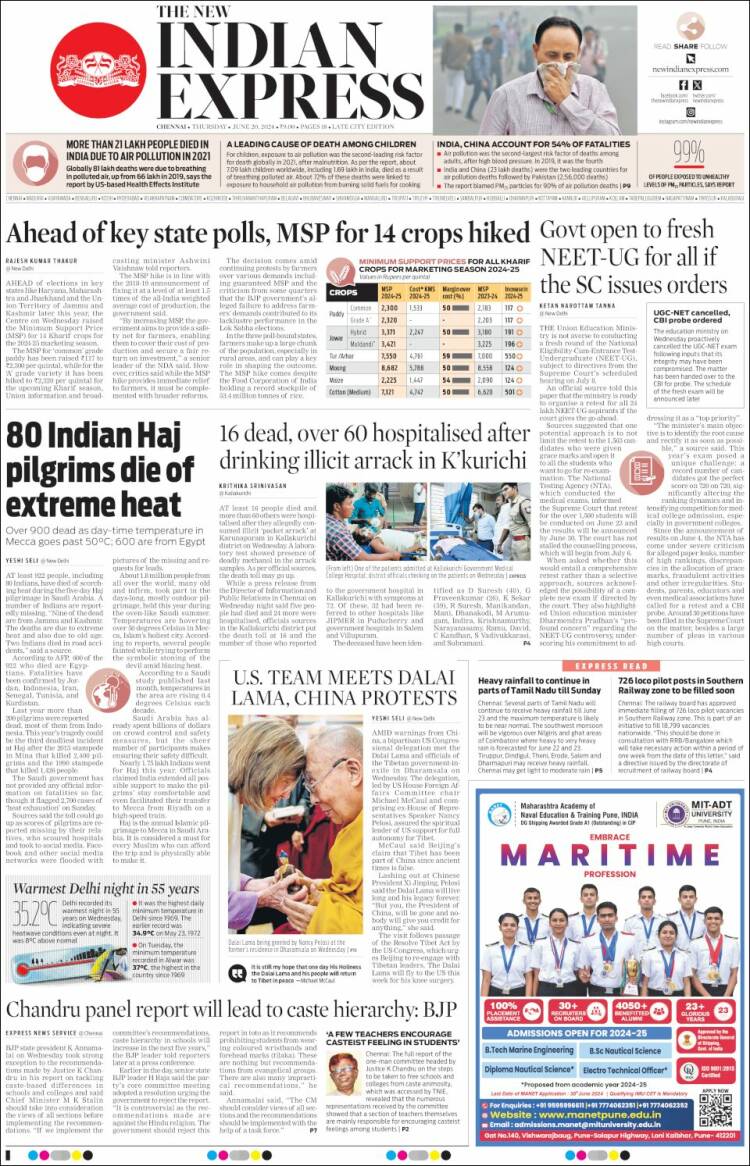 Portada de New Indian Express (India)