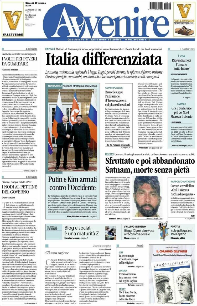Portada de Avvenire (Italia)