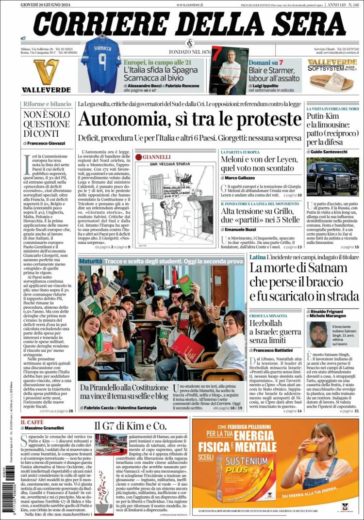 Portada de Corriere della Sera (Italia)