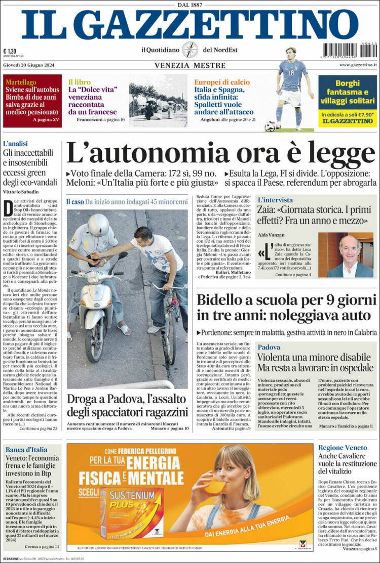 Portada de Il Gazzettino (Italia)