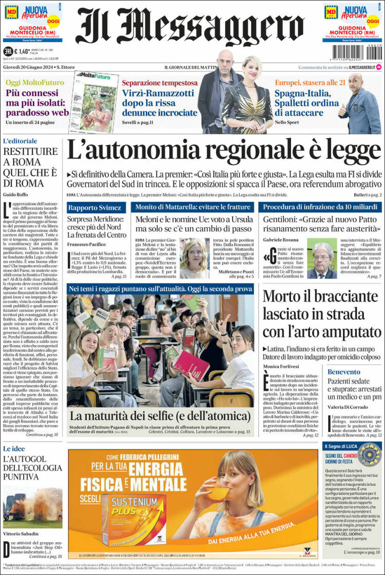 Portada de Il Messaggero (Italia)
