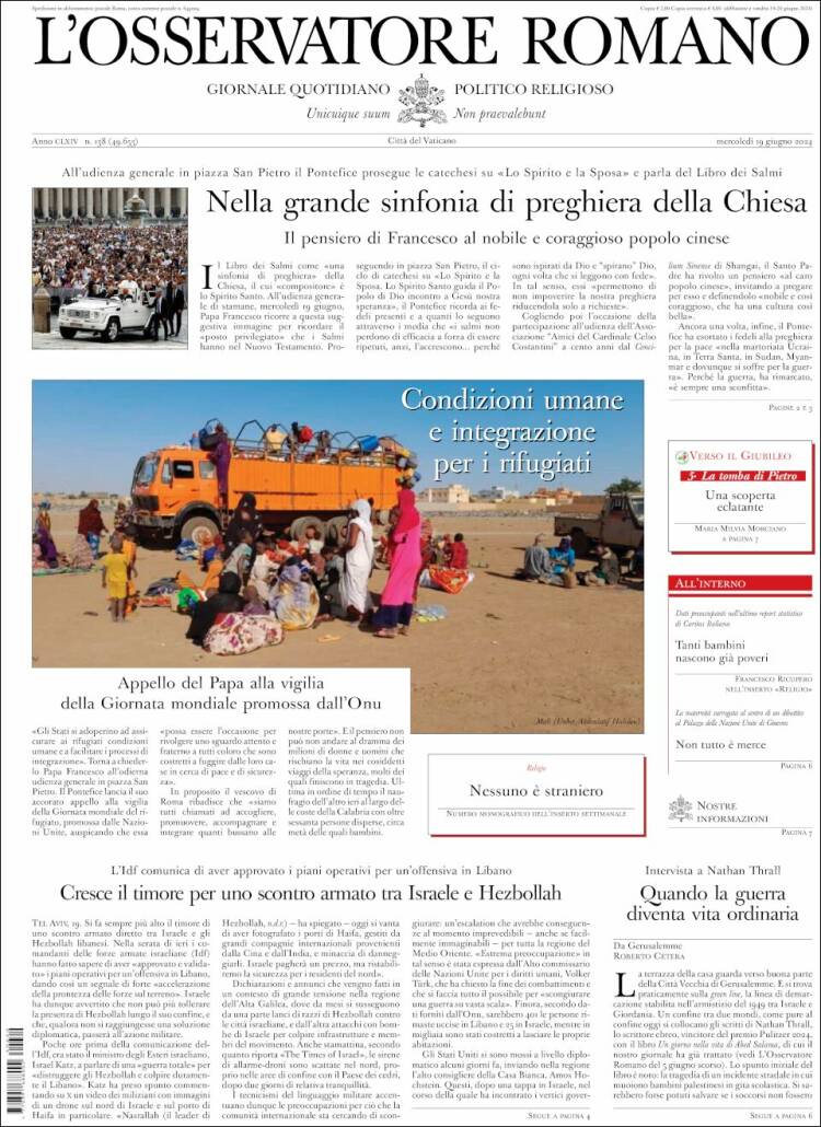 Portada de L'Osservatore Romano (Italia)