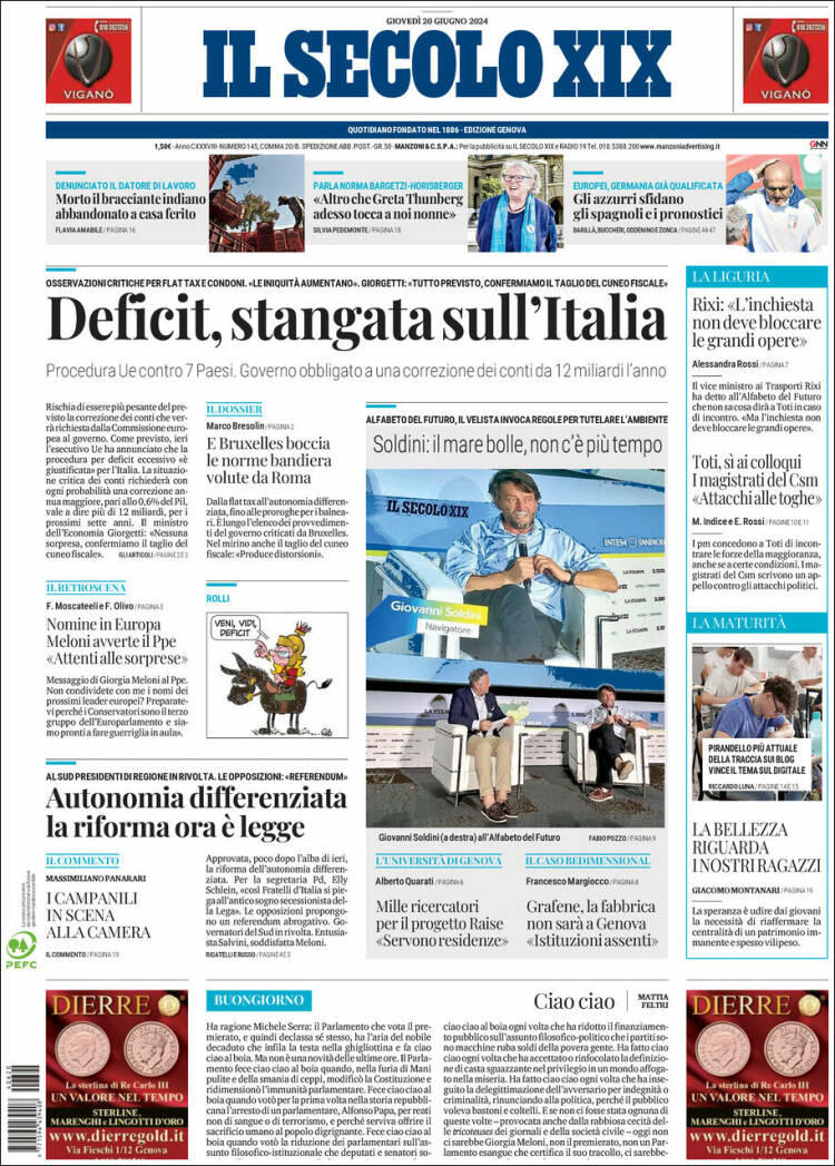 Portada de Il Secolo XIX (Italia)