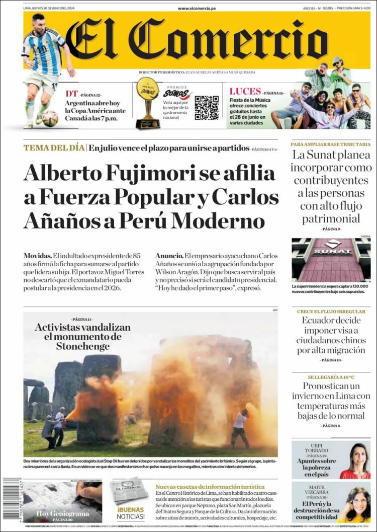 Portada de El Comercio (Per&uacute;)
