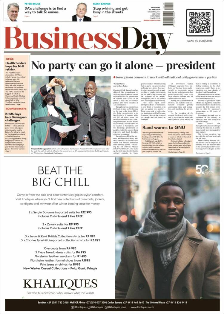 Portada de Business Day (Sud&aacute;frica)