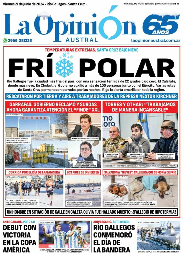 Portada de La Opinión Austral (Argentina)