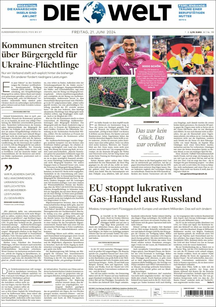 Portada de Die Welt (Alemania)