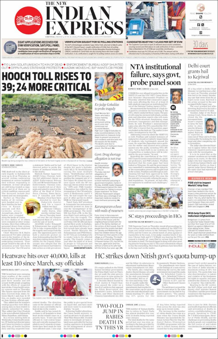 Portada de New Indian Express (India)