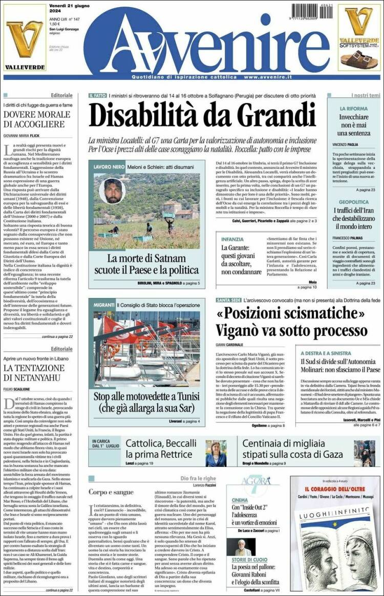 Portada de Avvenire (Italia)