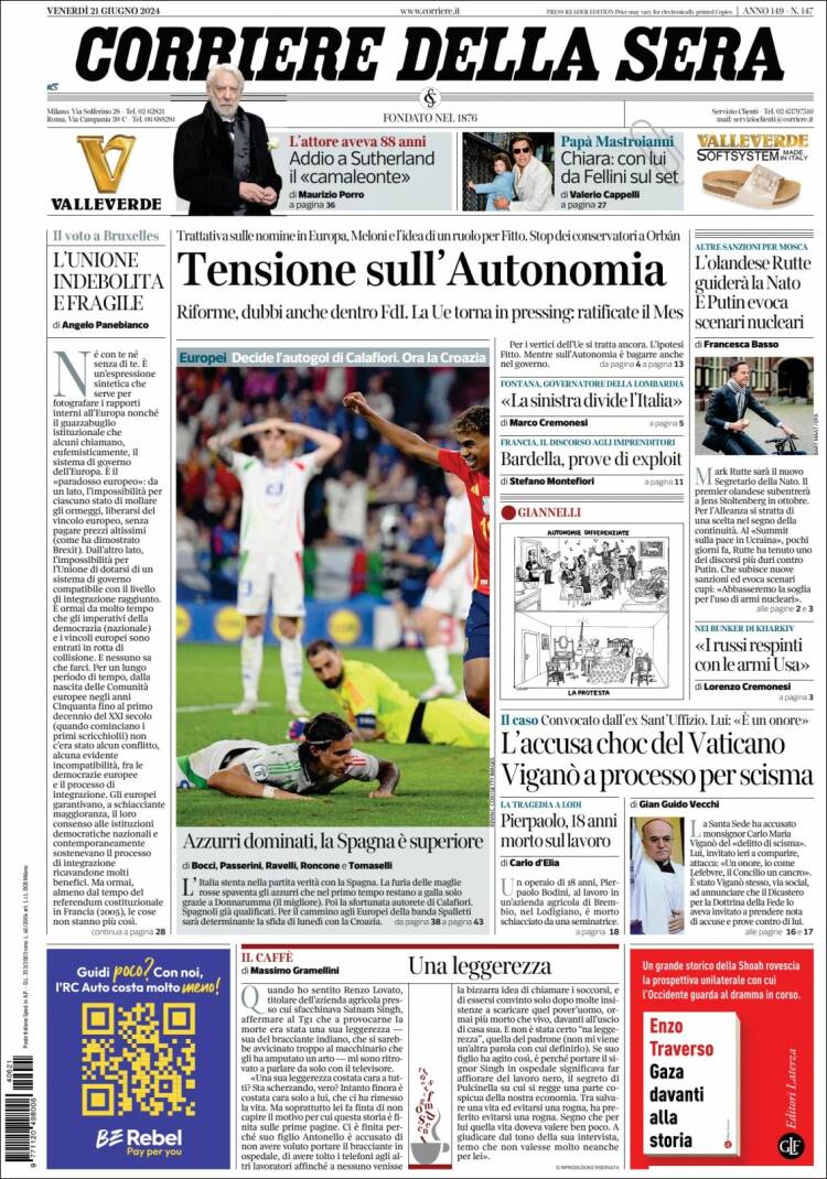 Portada de Corriere della Sera (Italia)