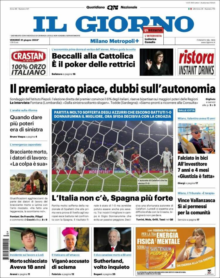 Portada de Il Giorno (Italia)