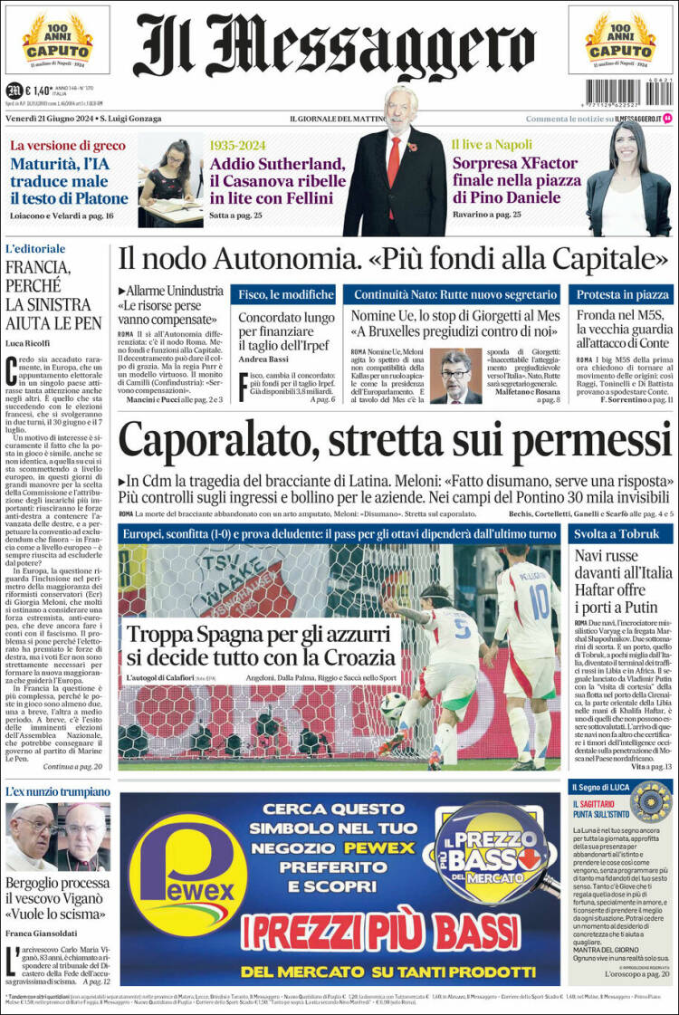 Portada de Il Messaggero (Italia)