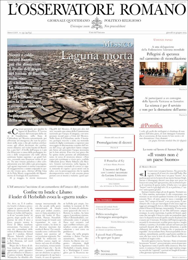 Portada de L'Osservatore Romano (Italia)