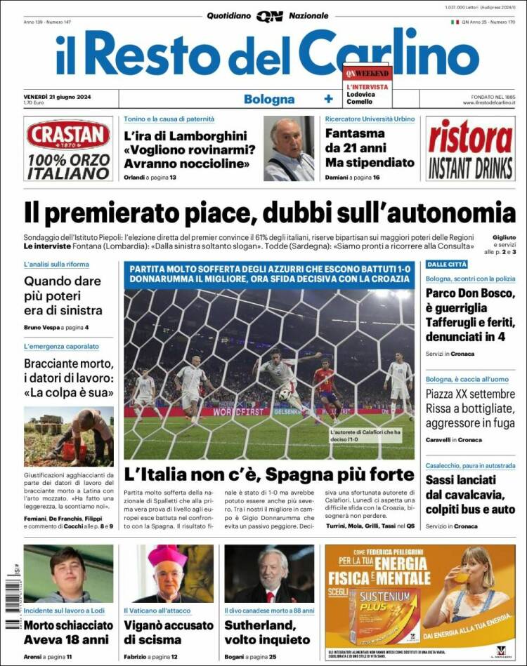 Portada de Il Resto del Carlino (Italia)