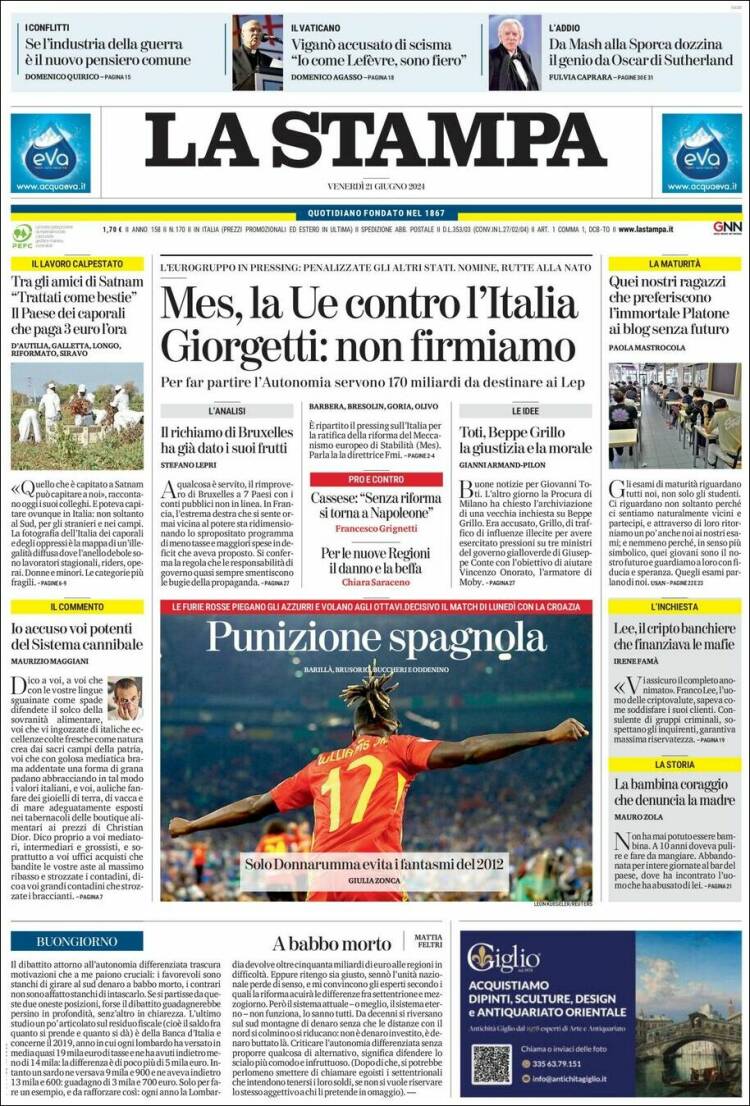 Portada de La Stampa (Italia)
