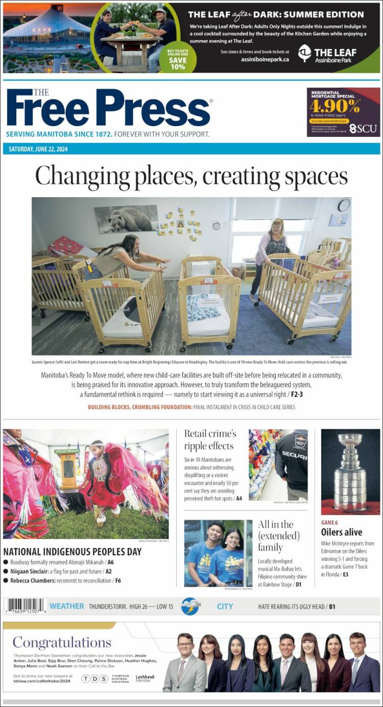 Portada de Winnipeg Free Press (Canadá)
