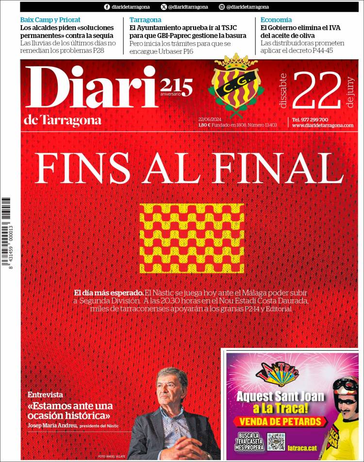 Portada de Diari de Tarragona (España)