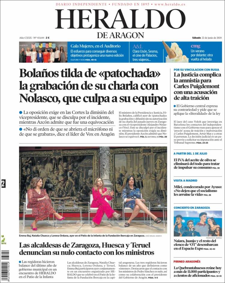 Portada de Heraldo de Aragón (España)