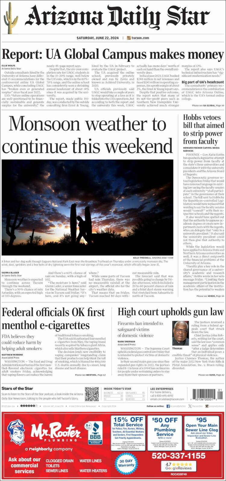 Portada de Arizona Daily Star (USA)
