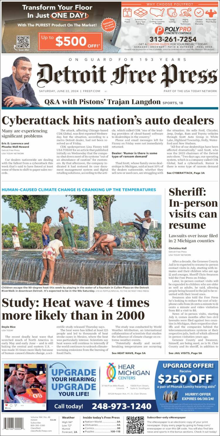 Portada de Detroit Free Press (USA)