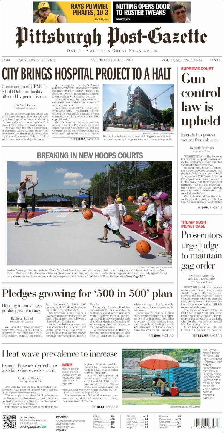 Portada de Pittsburgh Post-Gazette (USA)