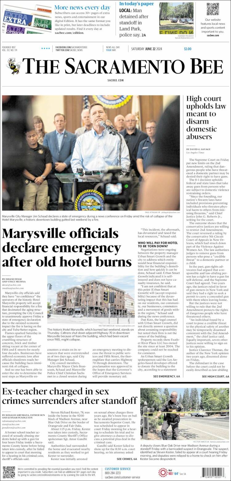 Portada de The Sacramento Bee (USA)