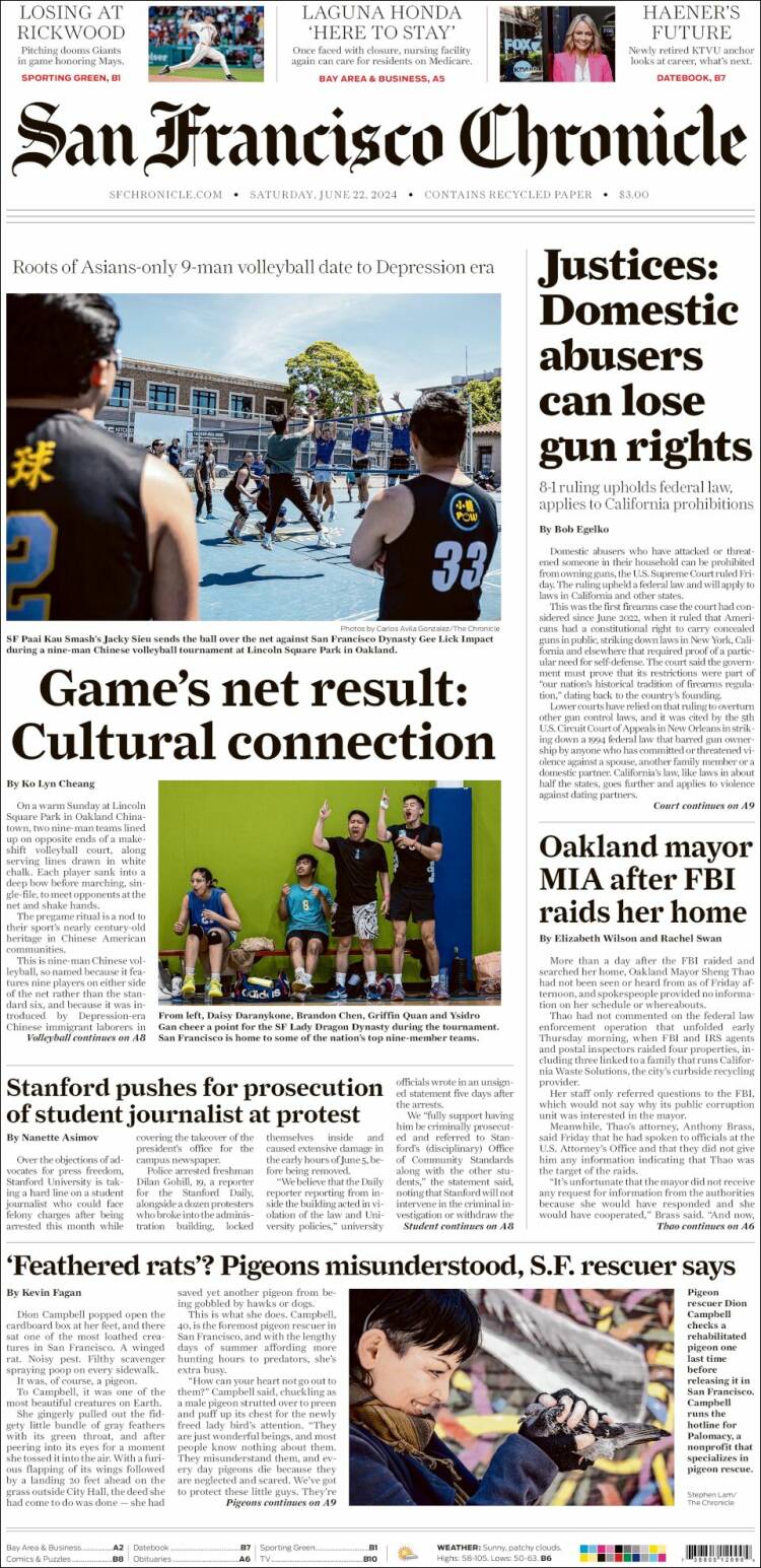 Portada de San Francisco Chronicle (USA)
